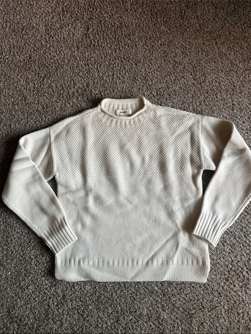 Buck Mason Cream Wool Rollneck Sweater with Textured Knit Yoke